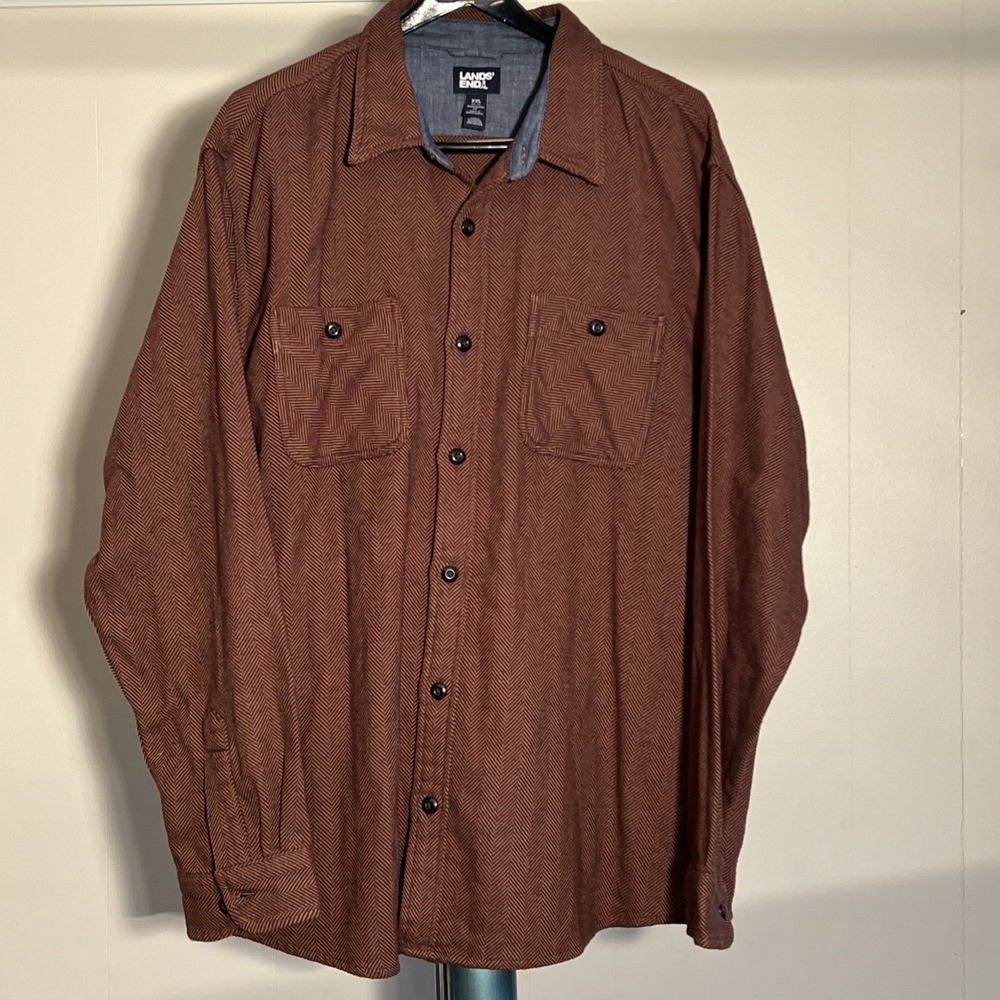 Land's End Thick Brown Herringbone Flannel Shirt Mens Size XXL - Picture 1 of 8